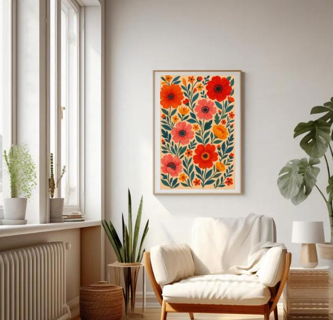 Boho Floral Wall Art: Bold Red & Coral Flower Print (Digital Download)