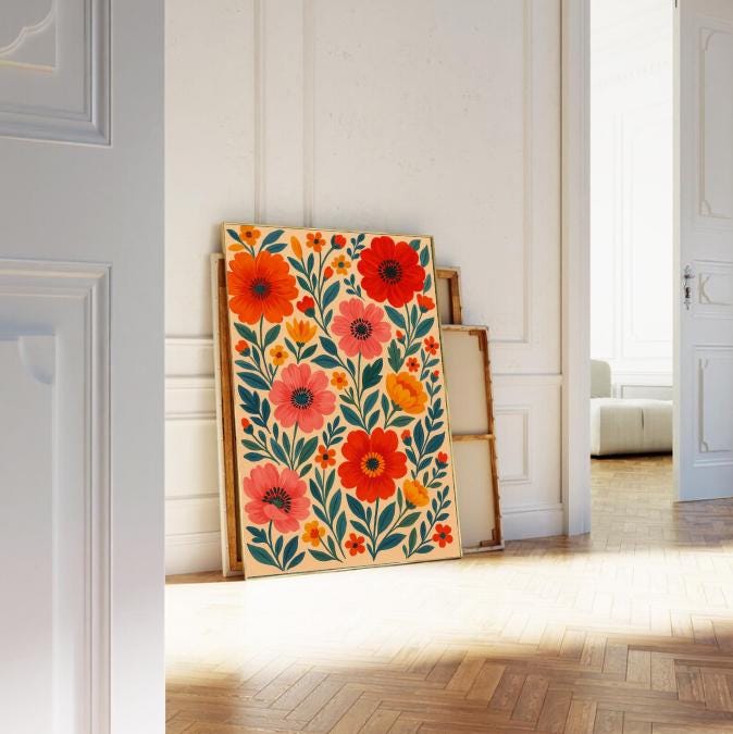 Boho Floral Wall Art: Bold Red & Coral Flower Print (Digital Download)