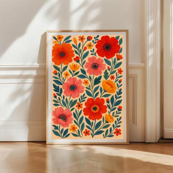 Boho Floral Wall Art: Bold Red & Coral Flower Print (Digital Download)