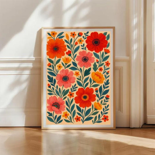 Boho Floral Wall Art: Bold Red & Coral Flower Print (Digital Download)