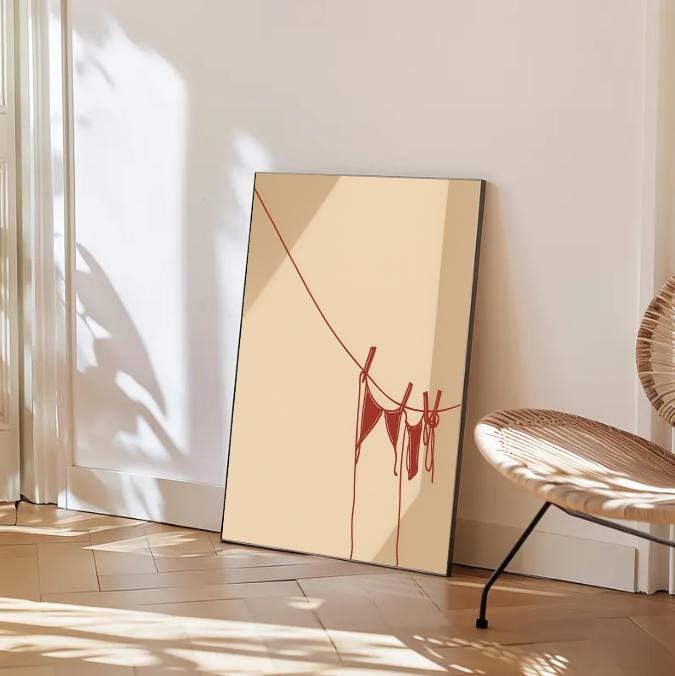 Minimal Clothesline Bikini Art Print | Red Swimsuit Line Drawing Wall Decor | Digital Download Instant Beach Aesthetic