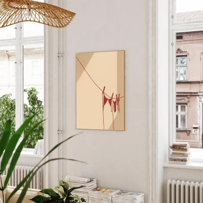 Minimal Clothesline Bikini Art Print | Red Swimsuit Line Drawing Wall Decor | Digital Download Instant Beach Aesthetic