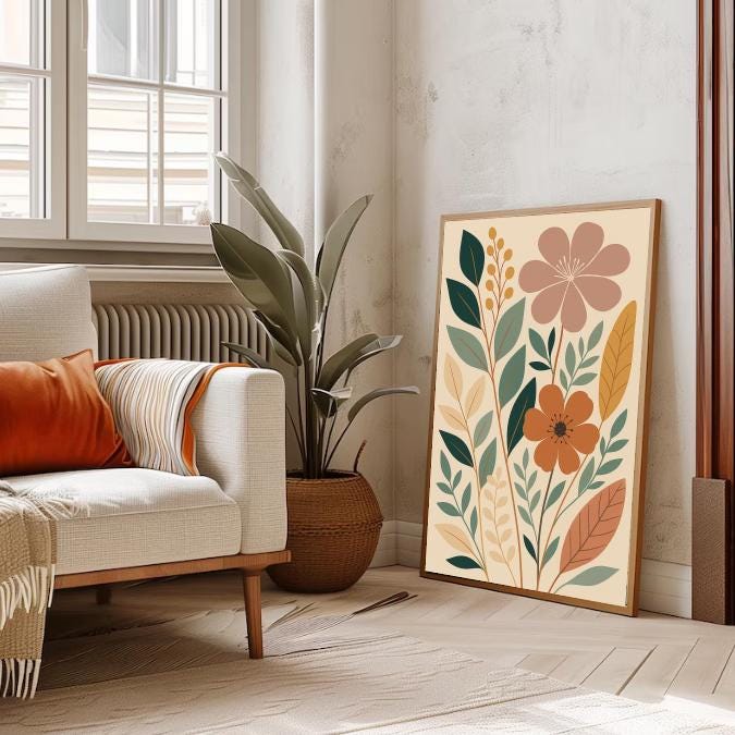 Boho Floral Wall Art Print: Mid Century Modern Botanical Decor (Digital Download)
