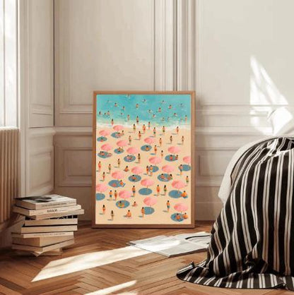 Pink Umbrella Beach Print: Minimalist Coastal Wall Art (Digital Download)