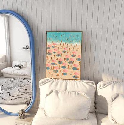 Pink Umbrella Beach Print: Minimalist Coastal Wall Art (Digital Download)