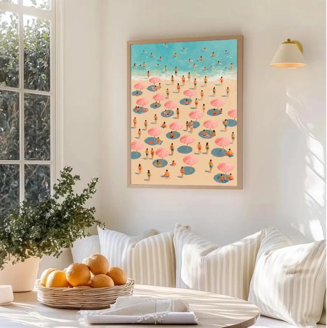 Pink Umbrella Beach Print: Minimalist Coastal Wall Art (Digital Download)