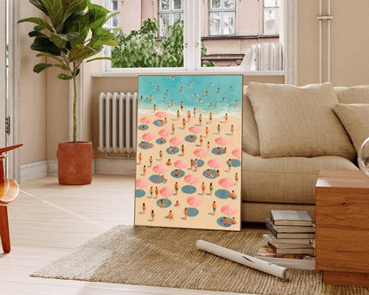 Pink Umbrella Beach Print: Minimalist Coastal Wall Art (Digital Download)
