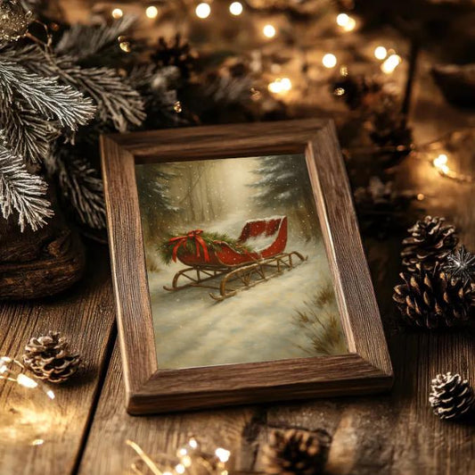 Vintage Red Sleigh Christmas Print | Rustic Winter Wall Art (Digital Download)