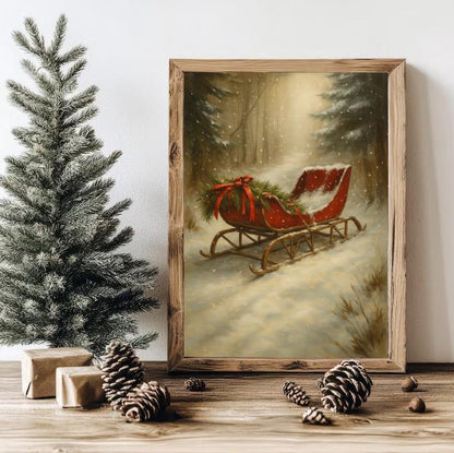 Vintage Red Sleigh Christmas Print | Rustic Winter Wall Art (Digital Download)