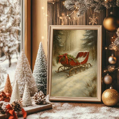 Vintage Red Sleigh Christmas Print | Rustic Winter Wall Art (Digital Download)