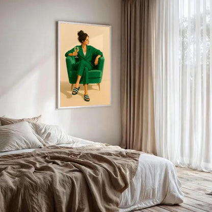 Modern Woman Print: Chic Green Suit, Wine Lounge Art (Digital Download)