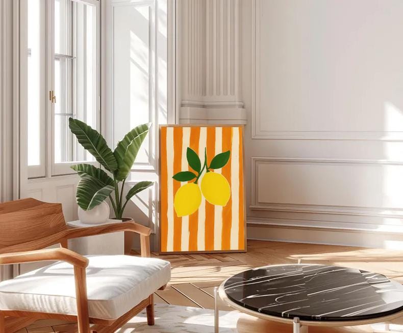 Lemon Kitchen Print | Retro Orange Stripe Mediterranean Art (Digital Download)