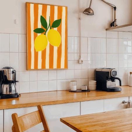 Lemon Kitchen Print | Retro Orange Stripe Mediterranean Art (Digital Download)