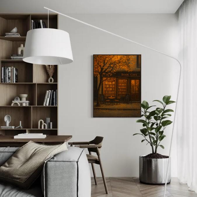 Autumn Book Cafe Print | Cozy Fall Street Scene (Digital Download)