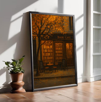 Autumn Book Cafe Print | Cozy Fall Street Scene (Digital Download)