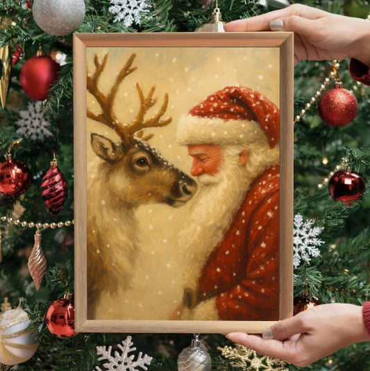 Vintage Santa and Reindeer Art Print: Nordic Christmas Wall Decor (Digital Download)
