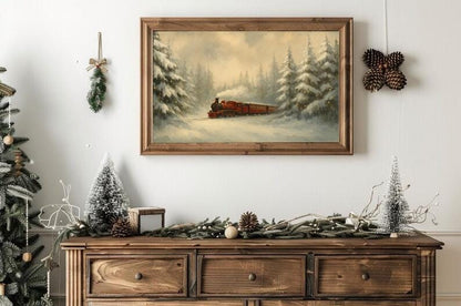 Vintage Christmas Train Art Print: Snowy Winter Forest (Digital Download)