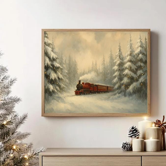 Vintage Christmas Train Art Print: Snowy Winter Forest (Digital Download)