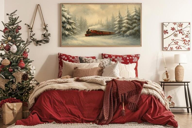 Vintage Christmas Train Art Print: Snowy Winter Forest (Digital Download)