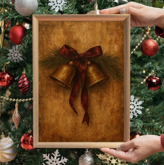 Vintage Christmas Bells Art Print: Rustic Farmhouse Holiday Decor (Digital Download)