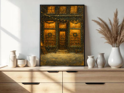 Cozy Christmas Bookshop Art Print: Snowy Winter Bookstore (Digital Download)
