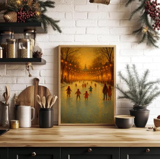 Vintage Ice Skating Scene Art Print | Golden Lights Holiday Decor (Digital Download)