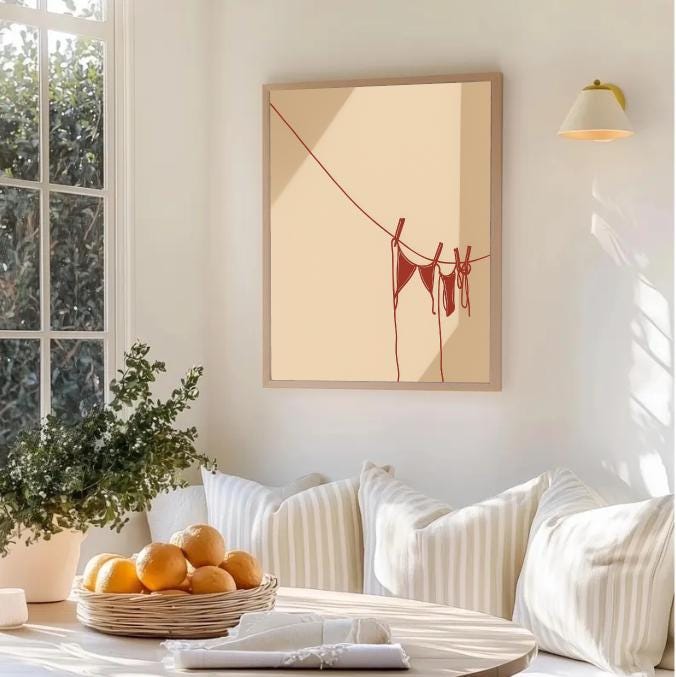 Minimal Clothesline Bikini Art Print | Red Swimsuit Line Drawing Wall Decor | Digital Download Instant Beach Aesthetic