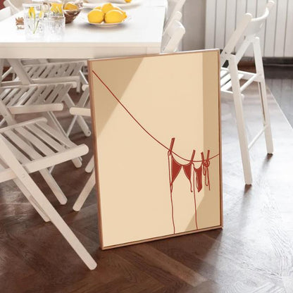 Minimal Clothesline Bikini Art Print | Red Swimsuit Line Drawing Wall Decor | Digital Download Instant Beach Aesthetic