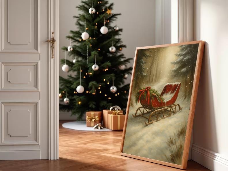 Vintage Red Sleigh Christmas Print | Rustic Winter Wall Art (Digital Download)