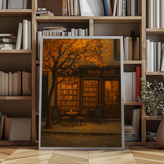 Autumn Book Cafe Print | Cozy Fall Street Scene (Digital Download)