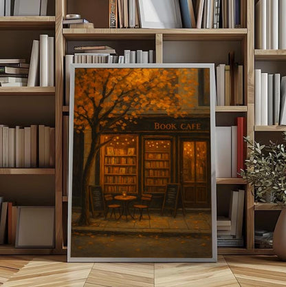 Autumn Book Cafe Print | Cozy Fall Street Scene (Digital Download)