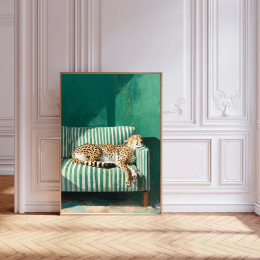 Lazy Cheetah on Striped Sofa — Modern Animal Wall Art Print