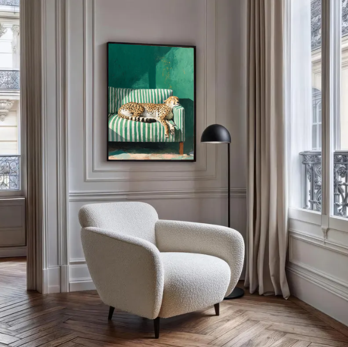 Lazy Cheetah on Striped Sofa — Modern Animal Wall Art Print