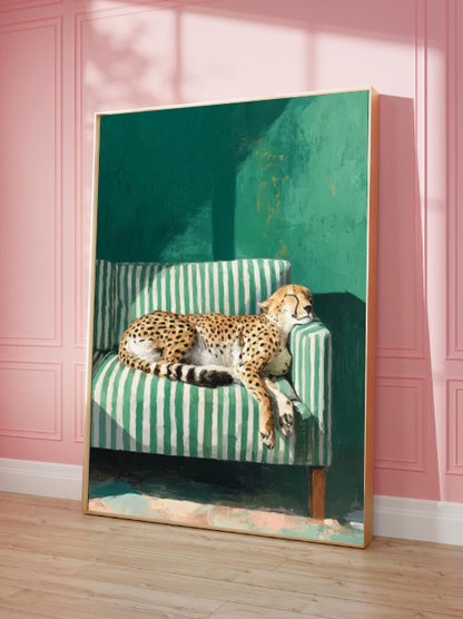 Lazy Cheetah on Striped Sofa — Modern Animal Wall Art Print