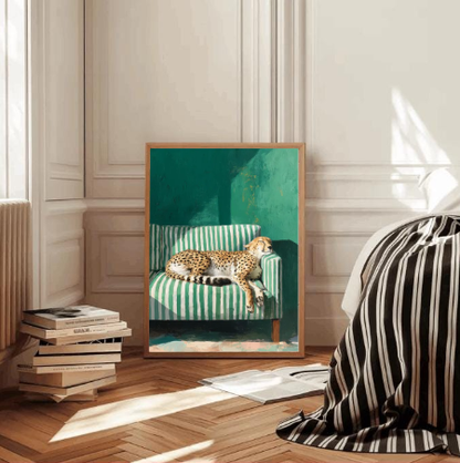 Lazy Cheetah on Striped Sofa — Modern Animal Wall Art Print