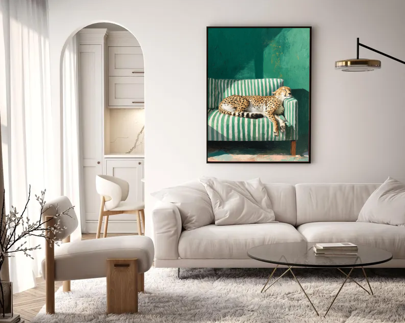 Lazy Cheetah on Striped Sofa — Modern Animal Wall Art Print