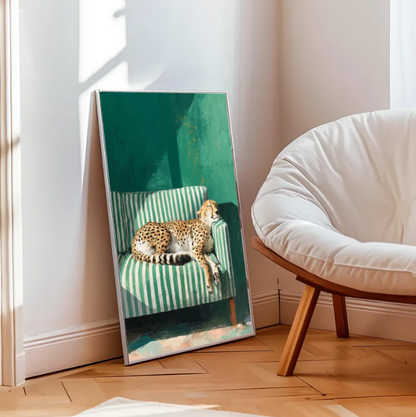 Lazy Cheetah on Striped Sofa — Modern Animal Wall Art Print