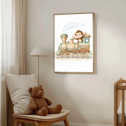Cute Monkey Train Wall Art Print, Baby Train Nursery Decor, Woodland Safari Kids Room Illustration, Neutral Nursery Wall Art, Printable Digital Download