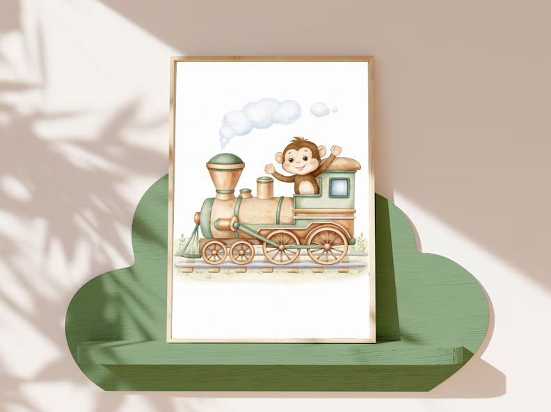 Cute Monkey Train Wall Art Print, Baby Train Nursery Decor, Woodland Safari Kids Room Illustration, Neutral Nursery Wall Art, Printable Digital Download