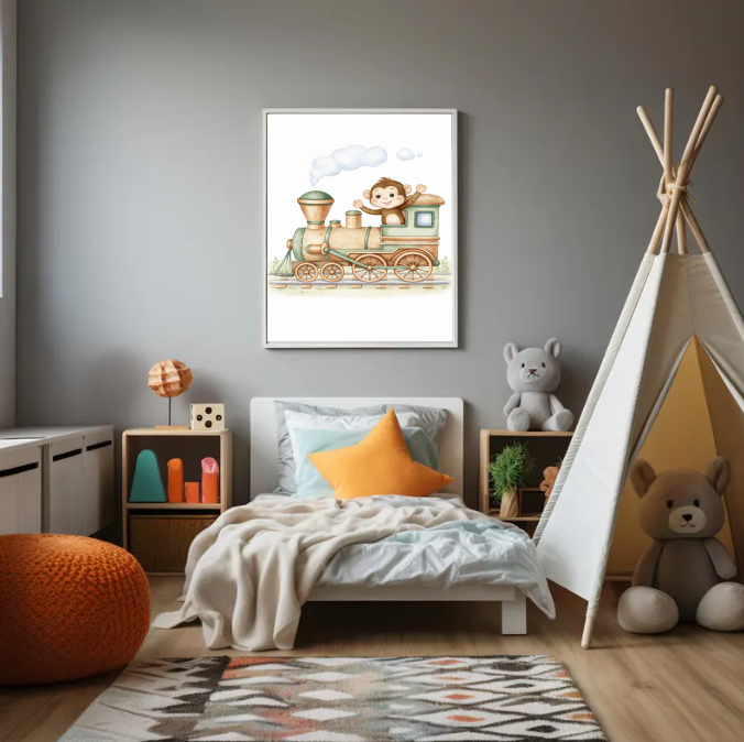 Cute Monkey Train Wall Art Print, Baby Train Nursery Decor, Woodland Safari Kids Room Illustration, Neutral Nursery Wall Art, Printable Digital Download