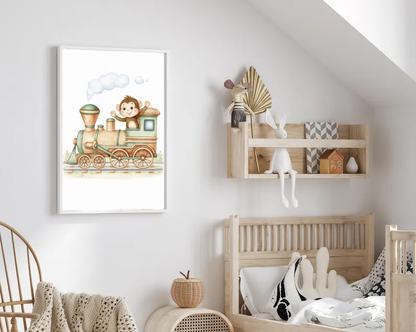 Cute Monkey Train Wall Art Print, Baby Train Nursery Decor, Woodland Safari Kids Room Illustration, Neutral Nursery Wall Art, Printable Digital Download