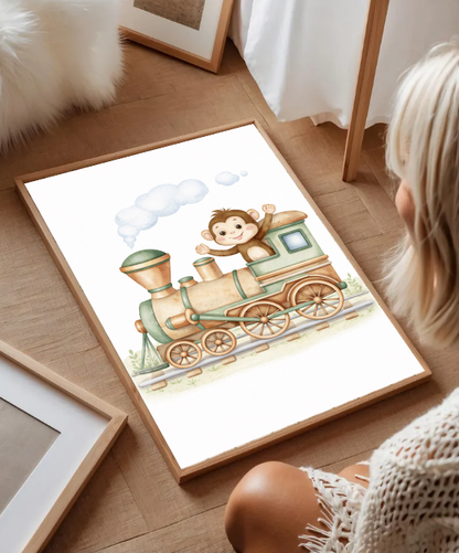 Cute Monkey Train Wall Art Print, Baby Train Nursery Decor, Woodland Safari Kids Room Illustration, Neutral Nursery Wall Art, Printable Digital Download
