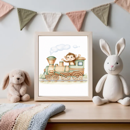 Cute Monkey Train Wall Art Print, Baby Train Nursery Decor, Woodland Safari Kids Room Illustration, Neutral Nursery Wall Art, Printable Digital Download
