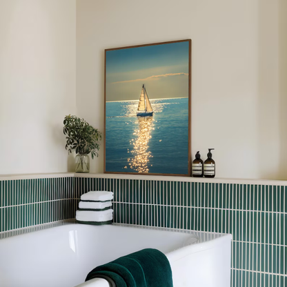 Golden Horizon Sail — Serene Ocean Sailing Wall Art Print
