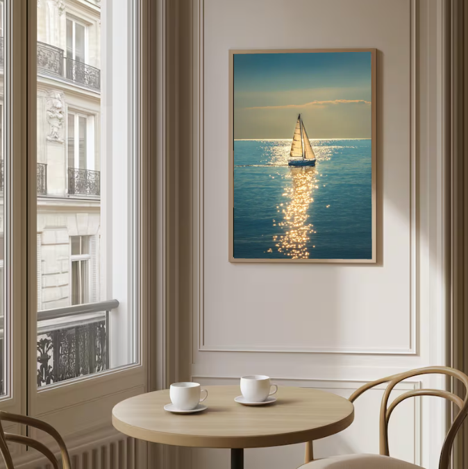Golden Horizon Sail — Serene Ocean Sailing Wall Art Print