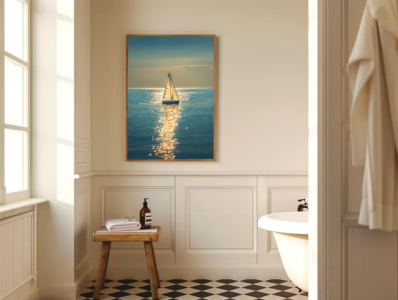 Golden Horizon Sail — Serene Ocean Sailing Wall Art Print