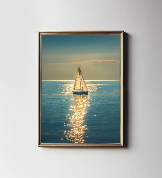 Golden Horizon Sail — Serene Ocean Sailing Wall Art Print