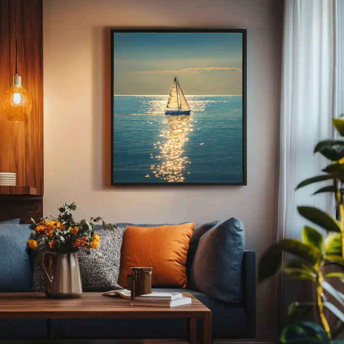 Golden Horizon Sail — Serene Ocean Sailing Wall Art Print