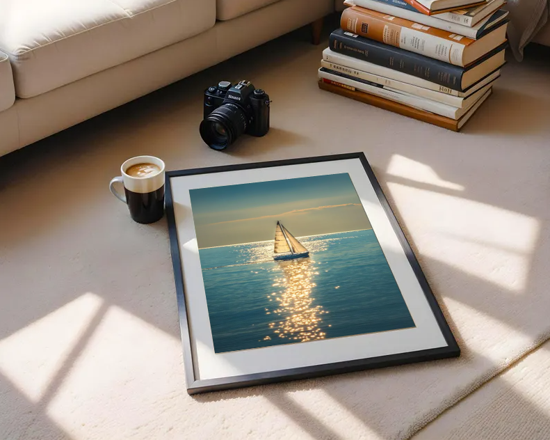 Golden Horizon Sail — Serene Ocean Sailing Wall Art Print