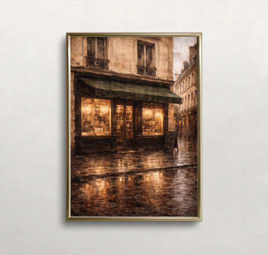 Paris Café Wall Art Print, Moody European Street Scene, Rainy Paris Night Painting, French Bistro Decor, Vintage Cityscape Art, Printable Digital Download